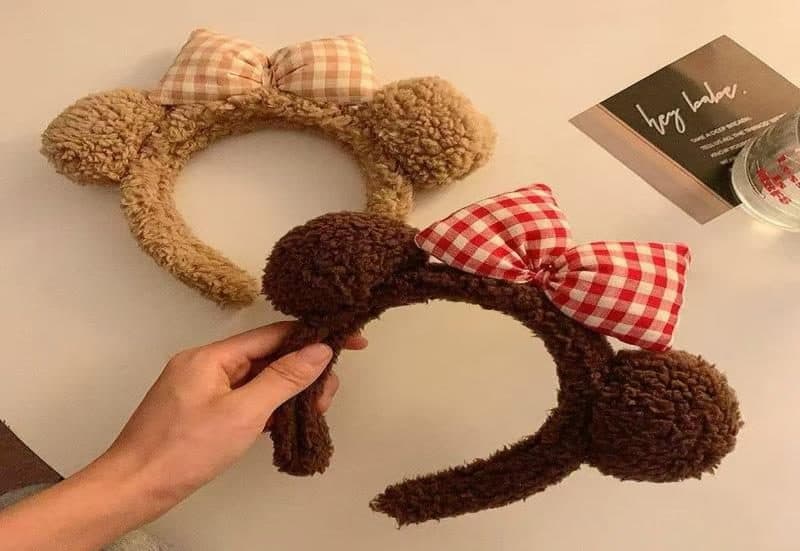 Bear Ear Headband with Gingham Bow, Brown