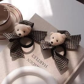 Check Bow Bear Hair Ties, Black and White