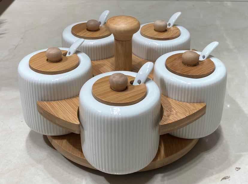 6-Piece Ribbed Ceramic Spice Pot Set with Bamboo Lids on Rotating Base