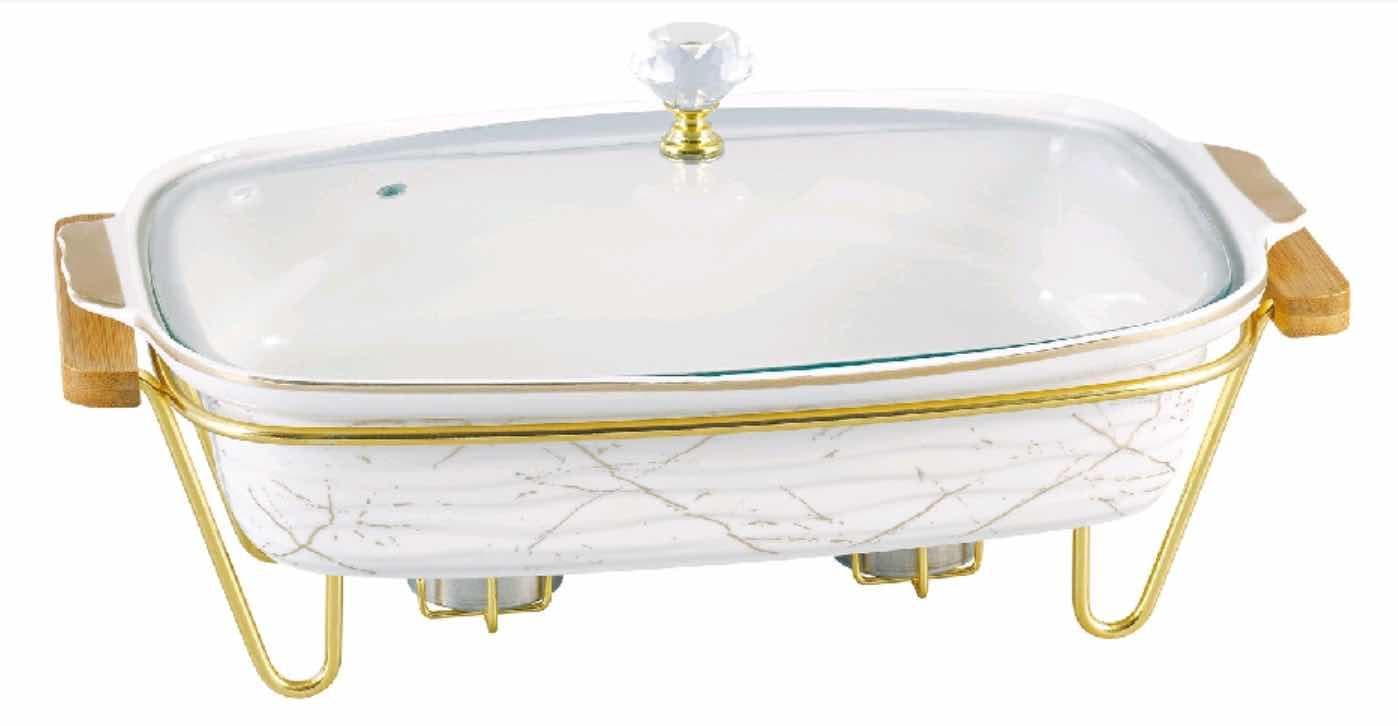 Marble-Effect Rectangular Ceramic Chafing Dish with Glass Lid, 12.5 inch