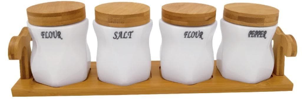 4-Piece Labelled Tapered Ceramic Spice Jar Set with Bamboo Lids on Bamboo Tray