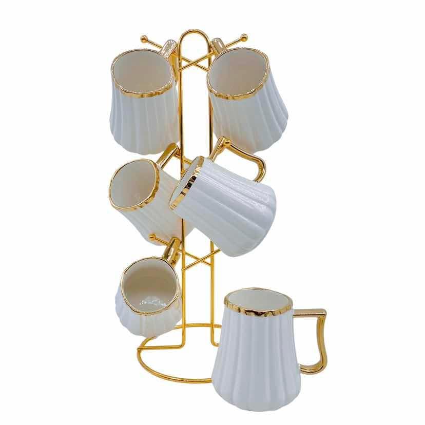 6-Piece Gold-Rimmed Fluted Ceramic Mug Set on Gold Metal Mug Tree, White