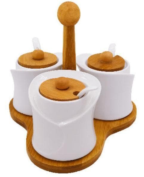 3-Piece Ceramic Spice Pot Set with Bamboo Lids and Spoons on Clover Stand