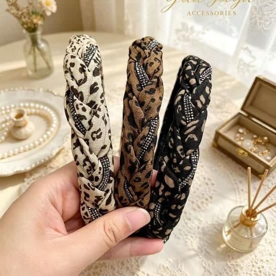 Braided Leopard Headband with Rhinestones, Cream and Brown
