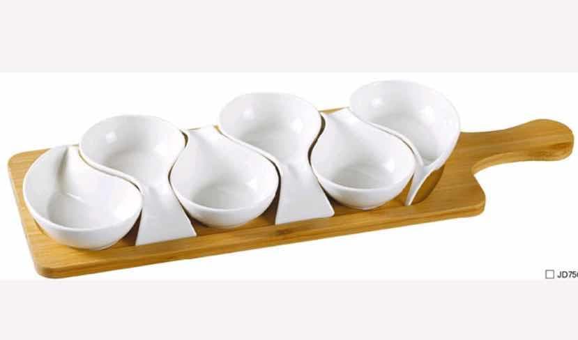 4-Piece Ceramic Dip Bowl Set on Long Bamboo Tray