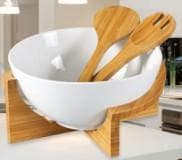 Ceramic Salad Bowl with Bamboo Servers on Cross Stand