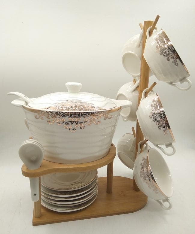 Patterned Ceramic Soup Tureen Set with Bowls and Spoons on Bamboo Stand, Cream