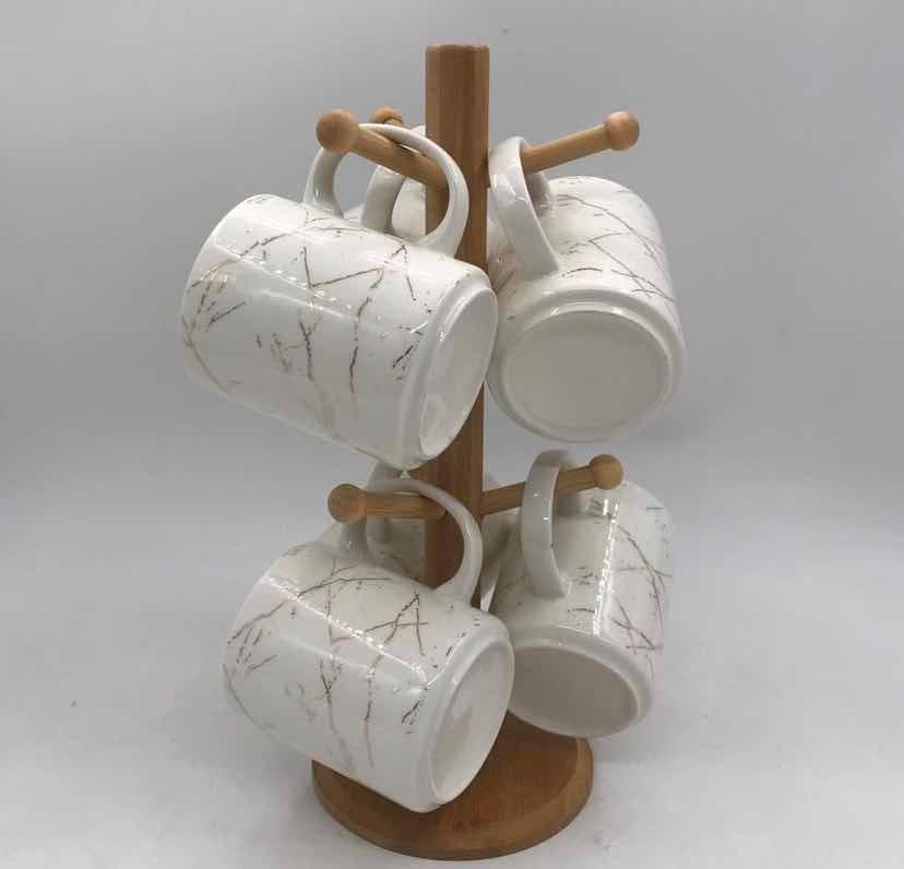 6-Piece Tapered Marble-Effect Ceramic Mug Set on Bamboo Mug Tree