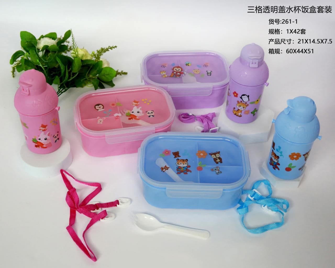 PP Plastic Lunch Box and Water Bottle Set, 21 x 14.5 x 7 cm, Ref. LB6264