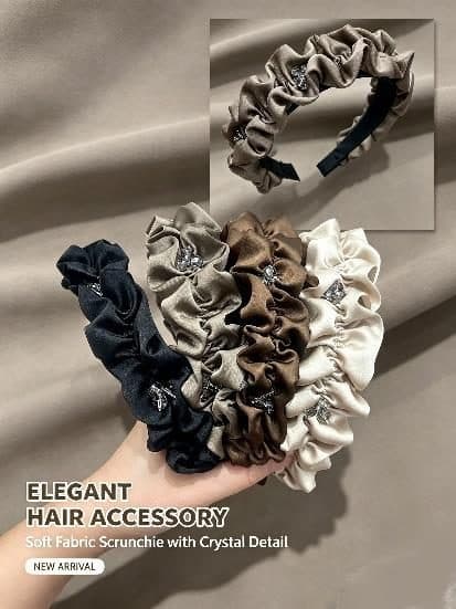 Satin Scrunchie Headband with Crystal, Black and Taupe