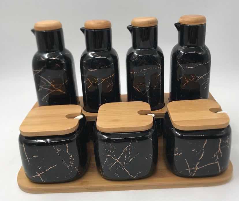 Black Marble-Effect Ceramic Oil, Vinegar and Condiment Jar Set on Bamboo Tray