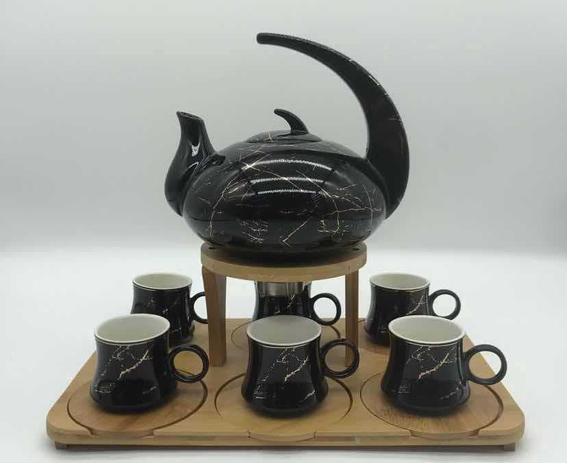 Black Marble-Effect Ceramic Teapot with Metal Warmer Stand and Six Cups on Bamboo Tray