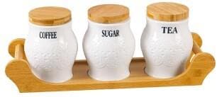 3-Piece Coffee, Sugar and Tea Ceramic Canister Set with Bamboo Lids on Tray