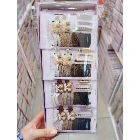 Kids Hair Accessory Gift Box, Beige Ties and Bow Clips