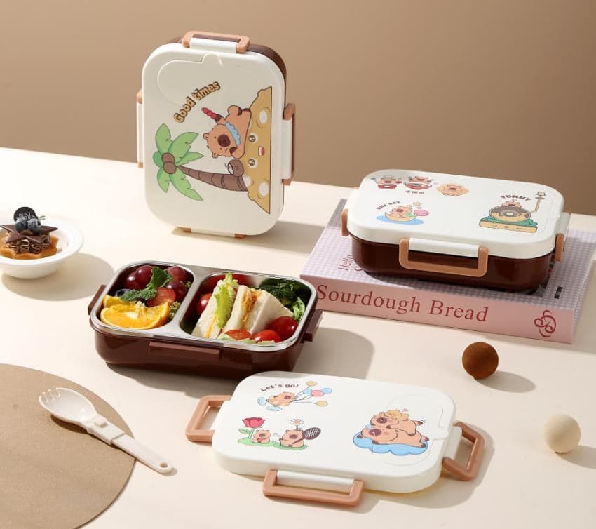Capybara Stainless Steel 2-Compartment Lunch Box, 20 x 14.5 x 5.2 cm, with Spoon and Fork