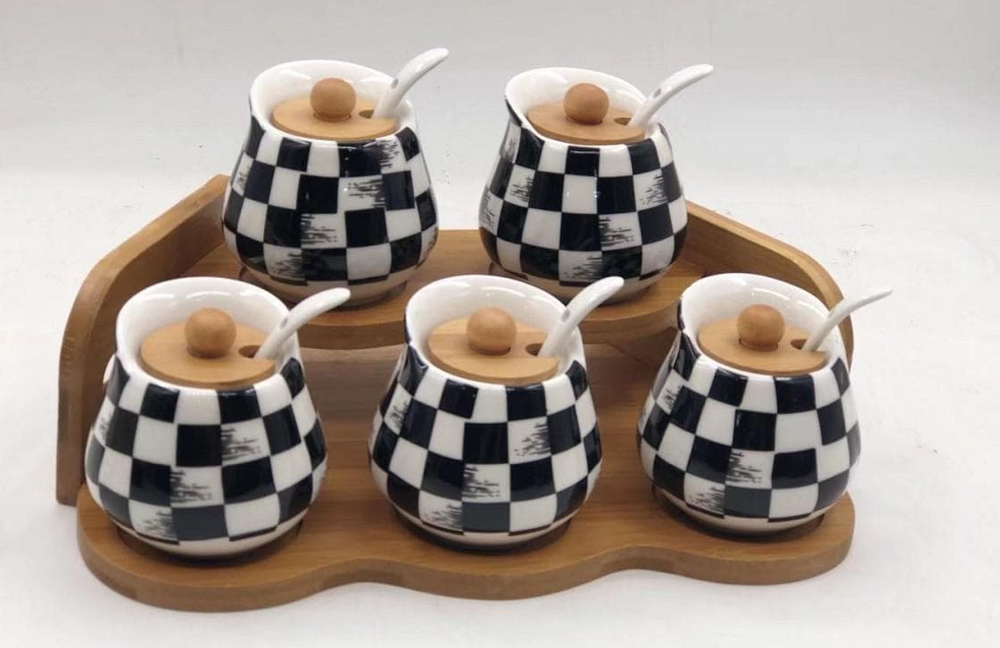 6-Piece Chequerboard Ceramic Condiment Jar Set with Spoons on Bamboo Tray