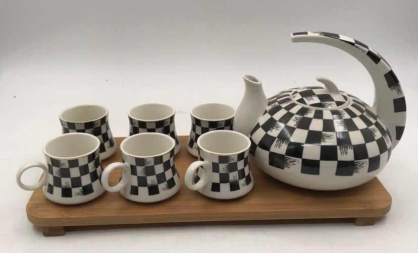 Chequerboard Ceramic Teapot and Six Cup Set on Rectangular Bamboo Tray