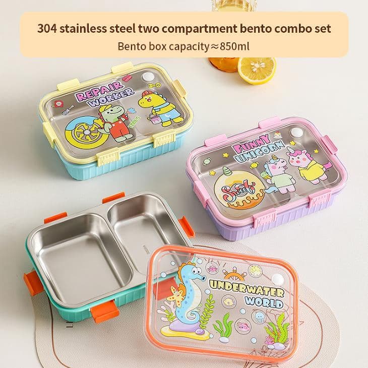 PP Plastic 2-Compartment Lunch Box, 19.7 x 14.5 x 7.2 cm, with Spoon and Fork