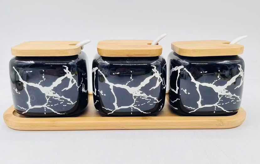 3-Piece Marble-Effect Ceramic Condiment Jar Set with Bamboo Lids and Spoons, Black