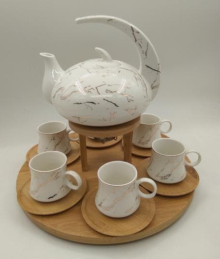 Marble-Effect Ceramic Teapot and Six Cup Set with Saucers on Round Bamboo Tray