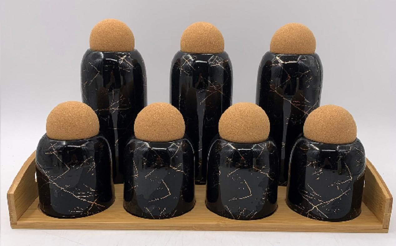 Black Marble-Effect Ceramic Canister and Oil Bottle Set with Cork Stoppers on Bamboo Tray
