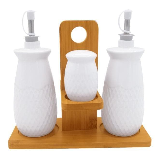 Quilted Ceramic Oil and Vinegar Set with Shaker on Bamboo Stand