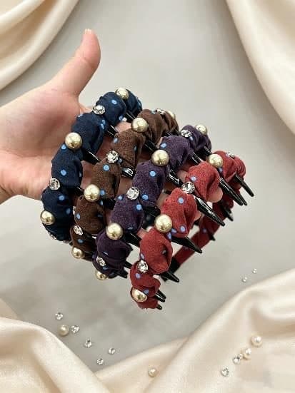Pearl and Rhinestone Pleated Headband with Teeth, Wine and Brown