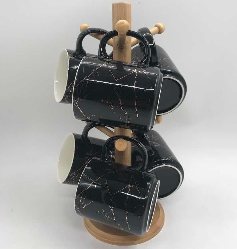 6-Piece Tapered Black Marble-Effect Ceramic Mug Set on Bamboo Mug Tree