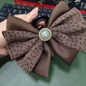 Brown Ditsy Print Bow Claw Clip with Pearl, 13 cm