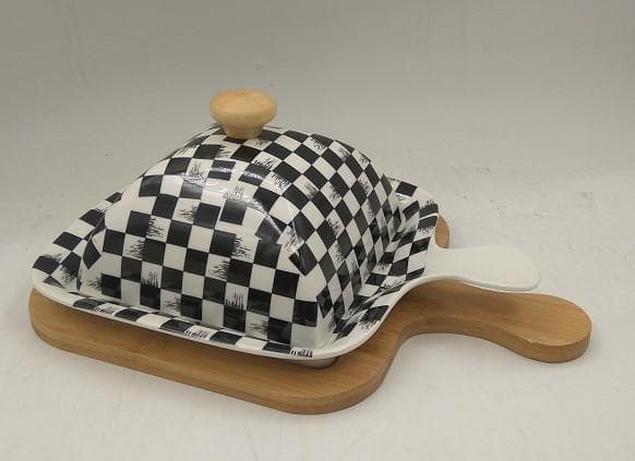 Chequerboard Square Ceramic Butter Dome on Bamboo Paddle Board, Small