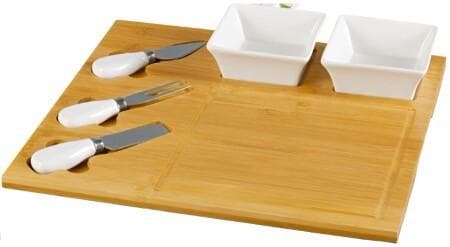 Bamboo Cheese Board Set with Three Knives and Two Ceramic Bowls