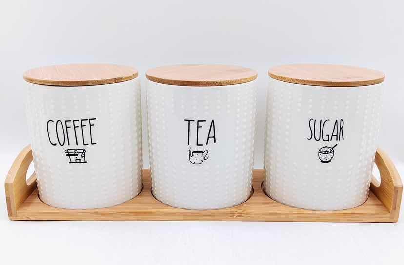 3-Piece Honeycomb-Texture Ceramic Coffee, Tea and Sugar Canister Set on Bamboo Tray