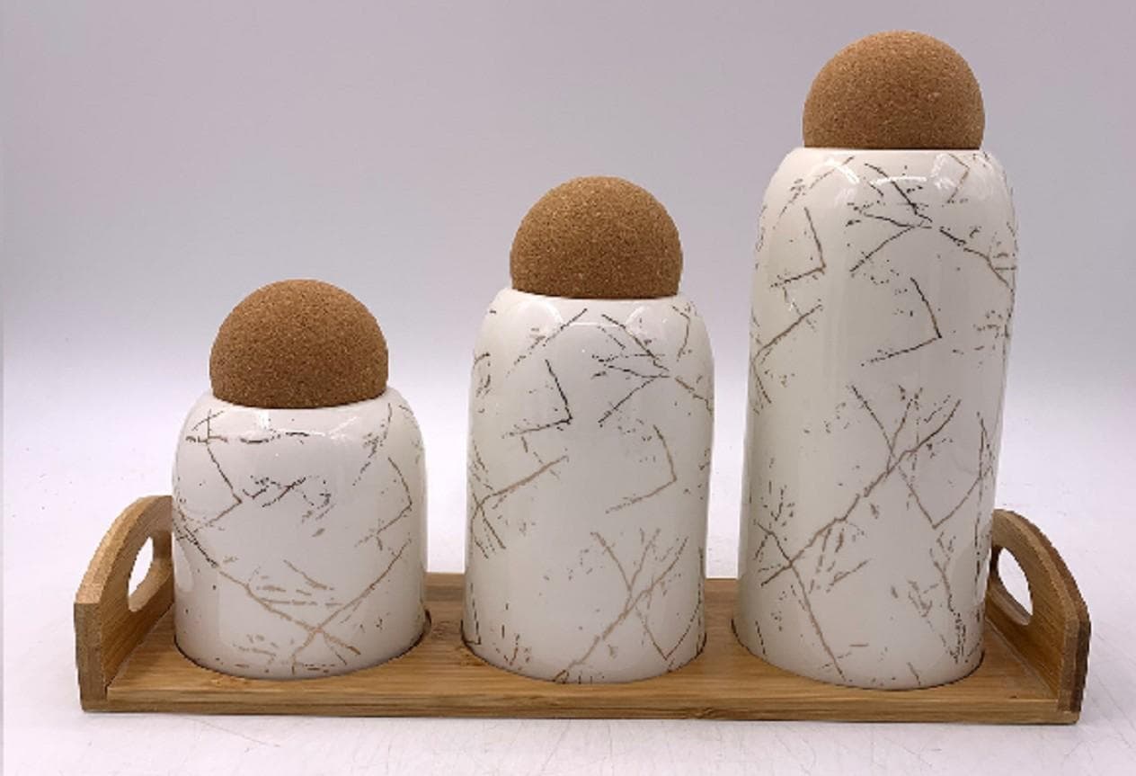 3-Piece Marble-Effect Ceramic Oil and Vinegar Bottle Set with Cork Stoppers on Bamboo Tray