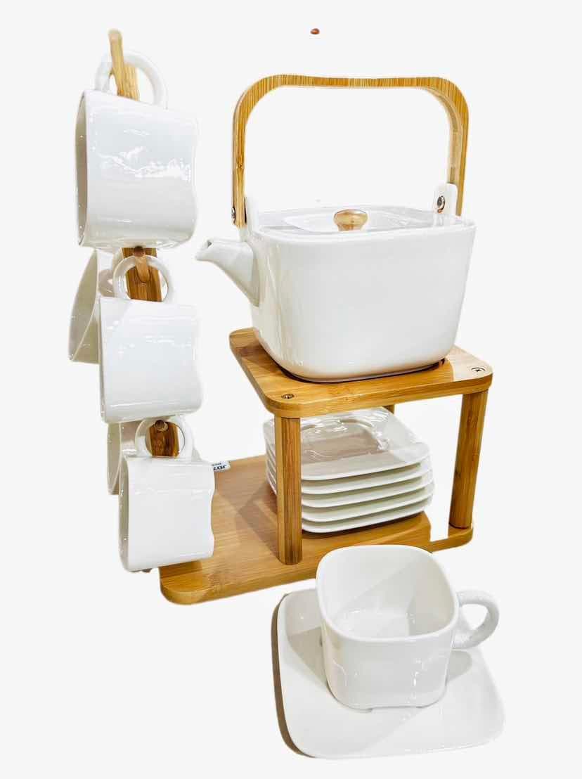 Square Ceramic Teapot with Cups and Saucers on Bamboo Rack