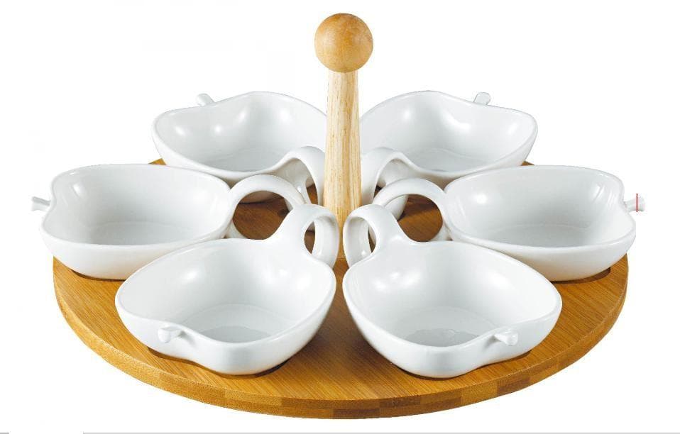 6-Piece Handled Ceramic Serving Bowl Set on Round Bamboo Base