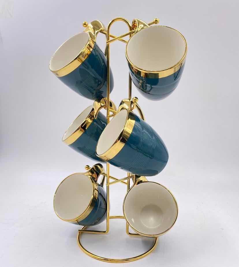 6-Piece Gold-Rimmed Curved Ceramic Mug Set on Gold Metal Mug Tree, Dark Green