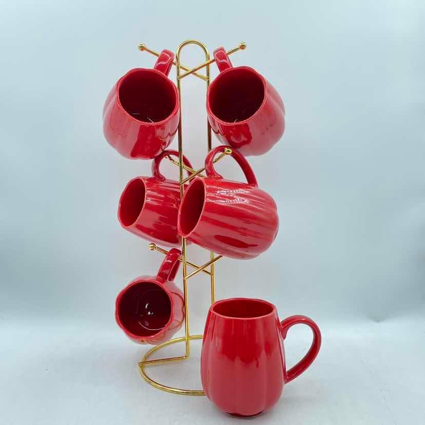 6-Piece Ribbed Ceramic Mug Set on Gold Metal Mug Tree, Red