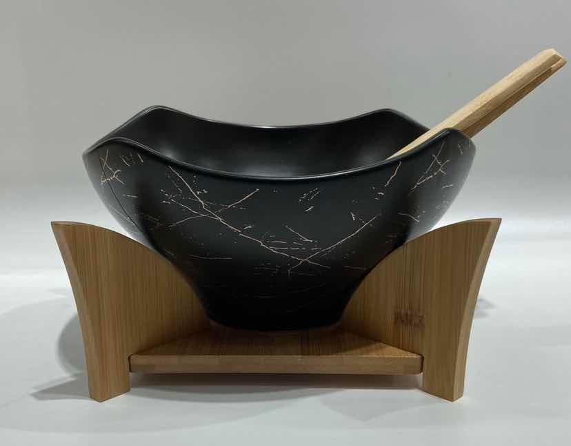 Black Marble-Effect Ceramic Salad Bowl with Bamboo Servers and Stand