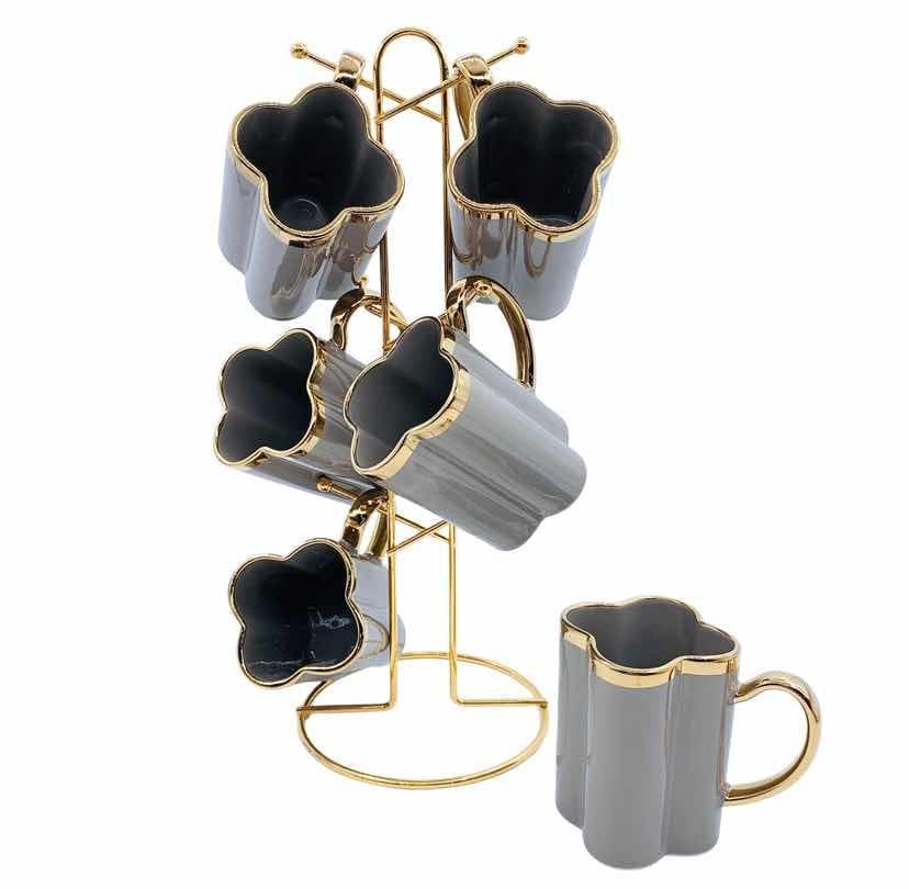 6-Piece Gold-Rimmed Clover-Shaped Ceramic Mug Set on Gold Metal Mug Tree, Grey
