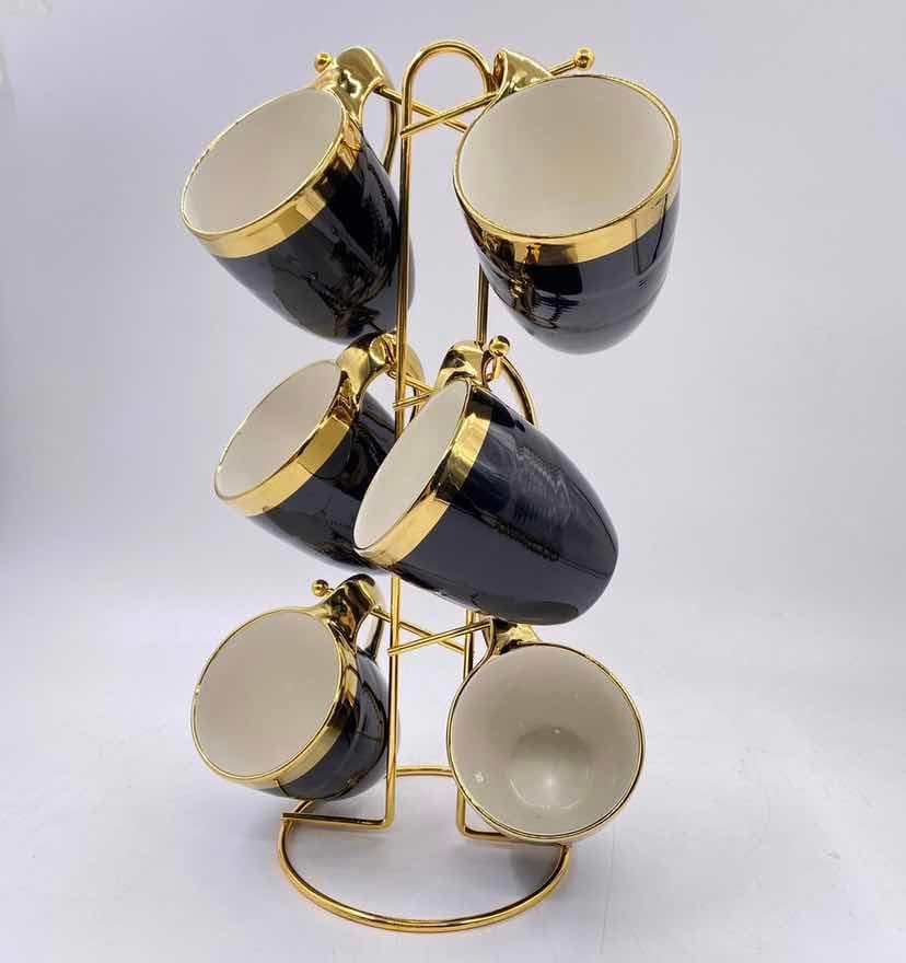 6-Piece Gold-Rimmed Curved Ceramic Mug Set on Gold Metal Mug Tree, Black