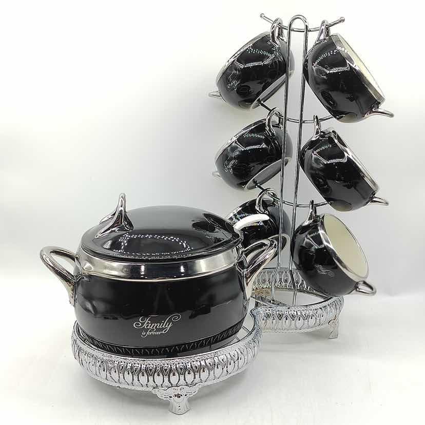 Ceramic Sugar Bowl and Six Cup Set with Silver Stand, Black