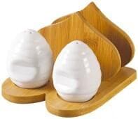 Ceramic Salt and Pepper Shaker Set with Leaf-Shaped Bamboo Napkin Holder