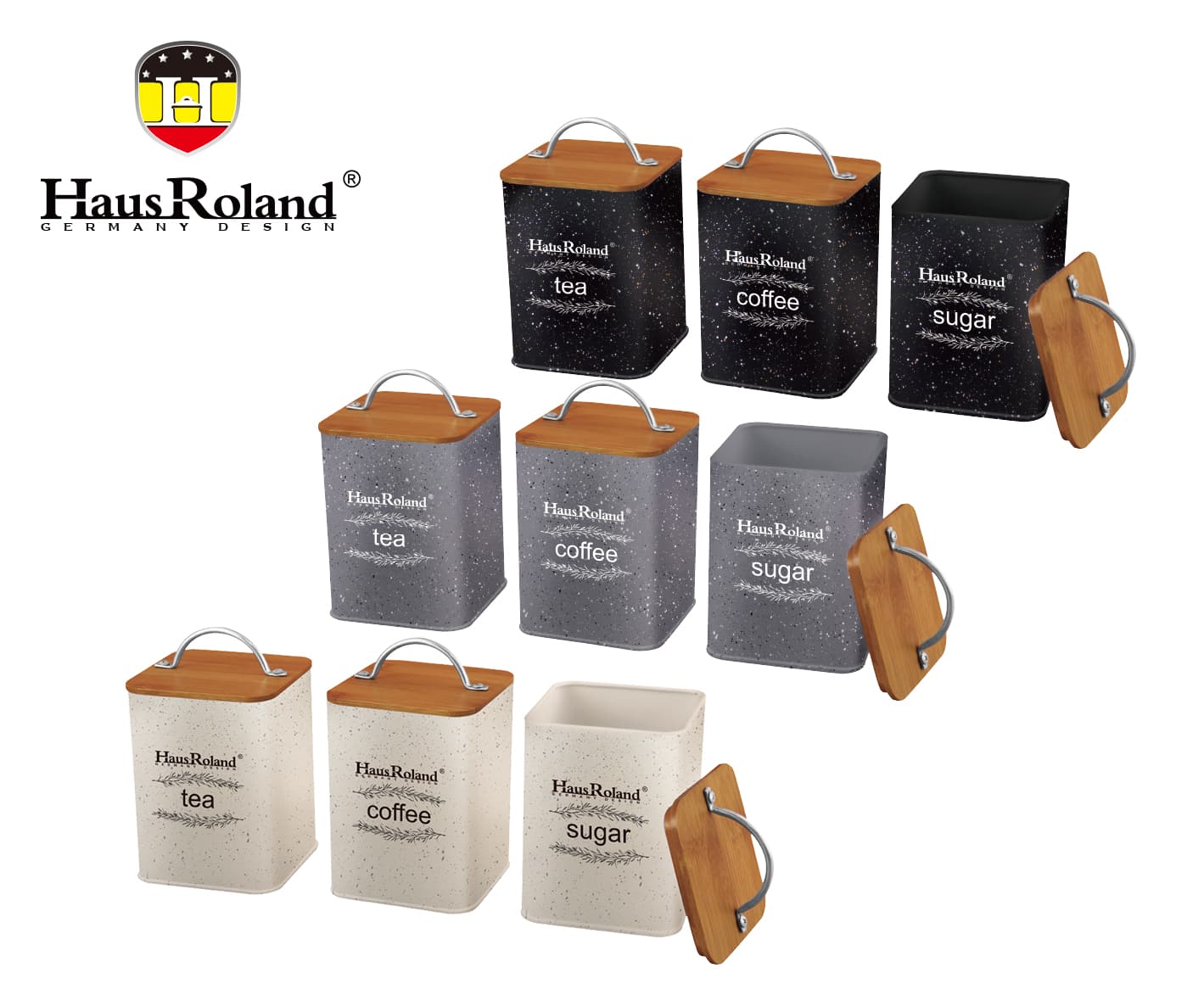 HausRoland 3-Piece Square Steel Canister Set with Bamboo Lids and Handles