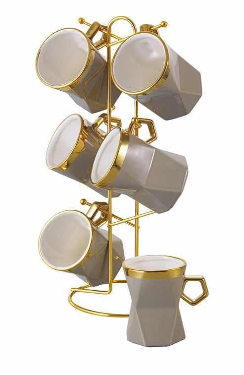 6-Piece Gold-Rimmed Hexagonal Ceramic Mug Set on Gold Metal Mug Tree, Grey