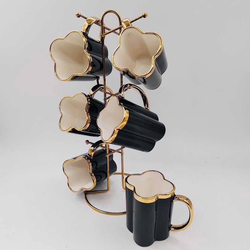 6-Piece Gold-Rimmed Clover-Shaped Ceramic Mug Set on Gold Metal Mug Tree, Black
