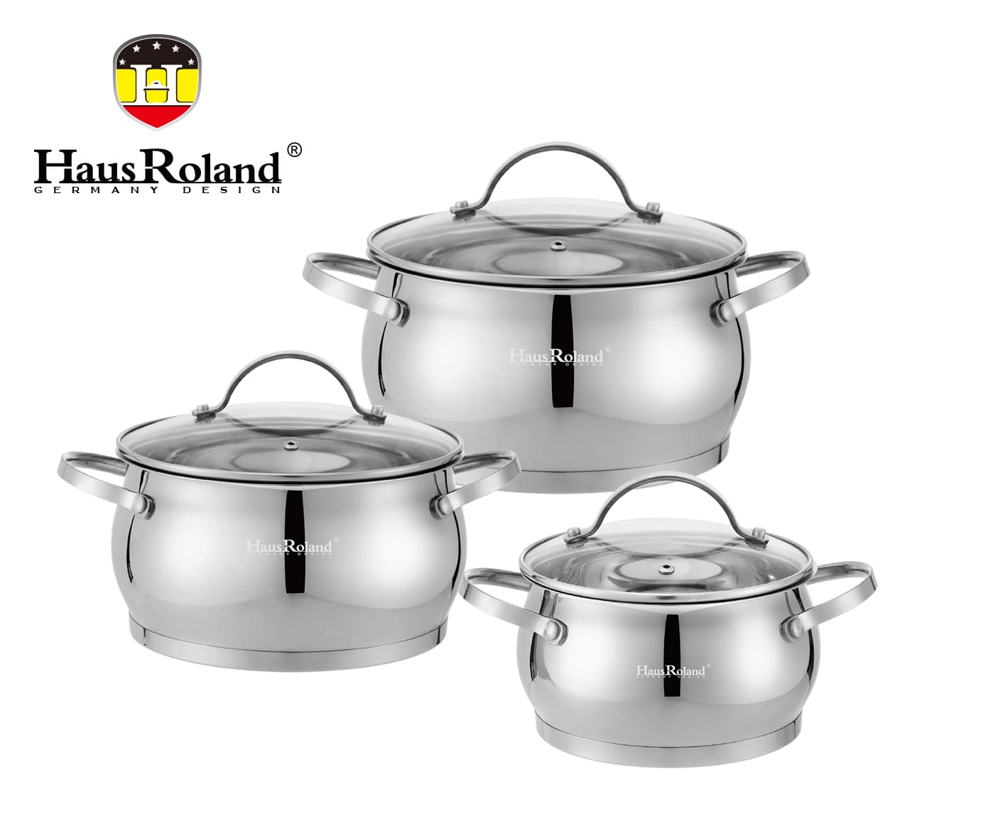 HausRoland 3-Piece Graduated Stainless Steel Belly Casserole Set with Glass Lids