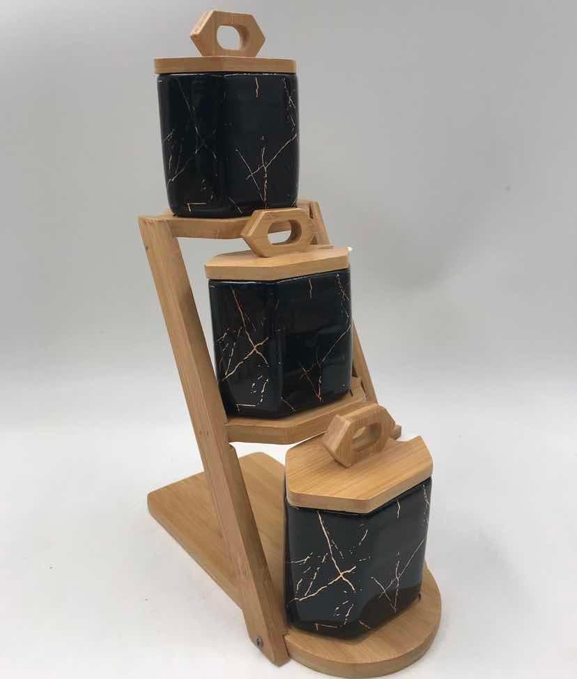 3-Piece Black Marble-Effect Ceramic Spice Jar Set on Stepped Bamboo Stand