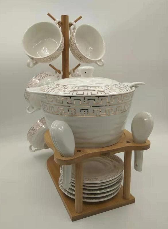 Greek-Key Ceramic Soup Tureen Set with Bowls and Spoons on Bamboo Stand, Cream