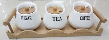 3-Piece Sugar, Tea and Coffee Ceramic Jar Set with Spoons on Bamboo Tray