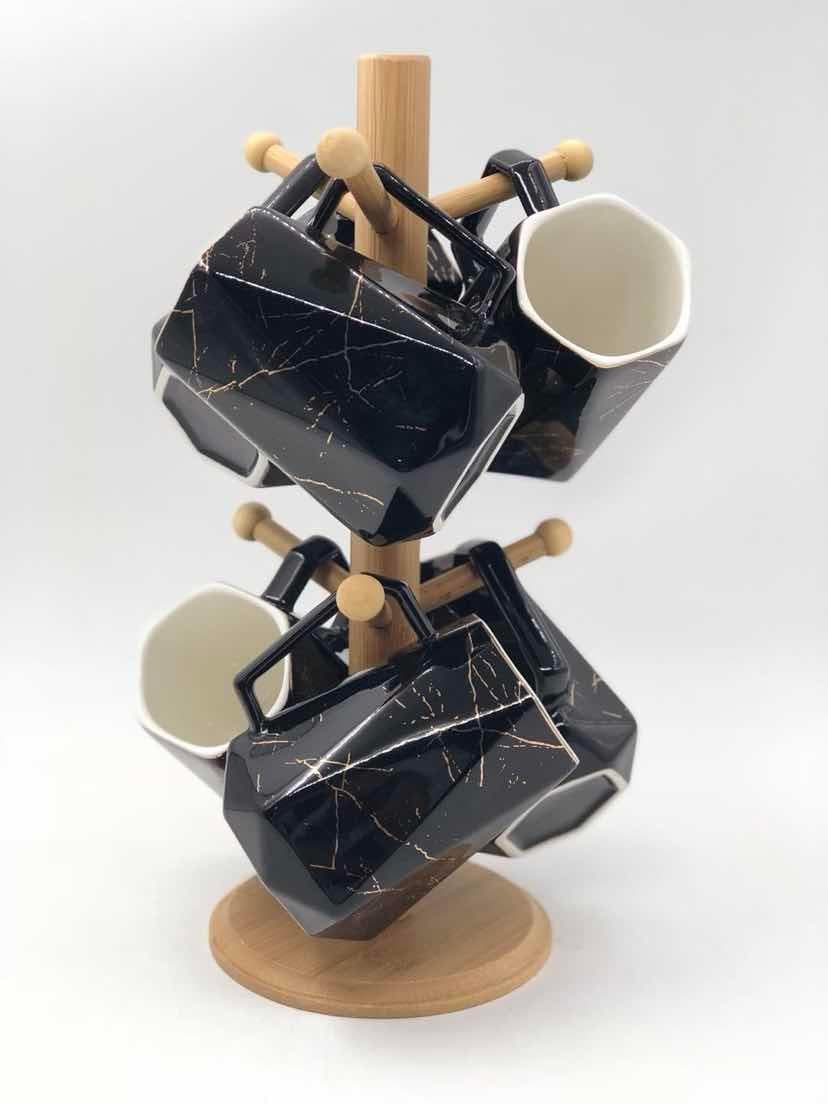 6-Piece Faceted Black Marble-Effect Ceramic Mug Set on Bamboo Mug Tree